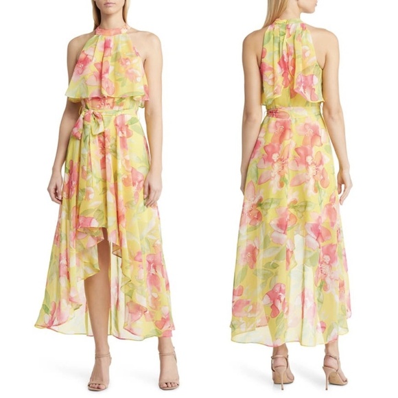 NWT Eliza J Floral Halter Neck High-low Chiffon Dress In Yellow - Picture 1 of 7